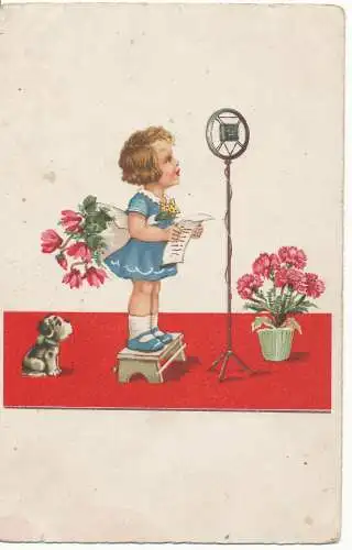 PC12363 alte farbige Postkarte. Ein Mädchen singt ein Lied. 1937