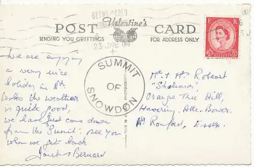 PC15169 Krippe Goch von Snowdon Summit. Valentinstag. Nr. W 4027. RP. 1904