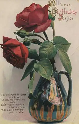 PC18716 Grußpostkarte. Alle Geburtstagsfreuden. Rote Rosen in Vasen