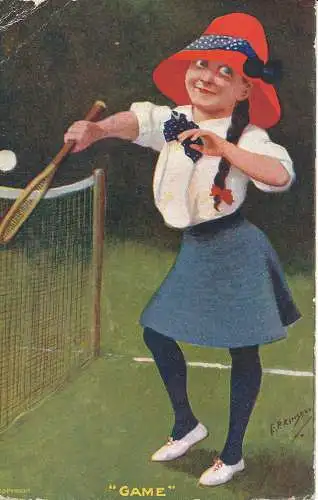 PC19858 Spiel. Ein Mädchen spielt Tennis. Langsdorff. Nr. 695. 1907