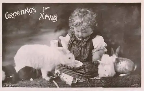 PC67235 Grüße zu Weihnachten. Baby Mädchen und Kaninchen. Davidson Bros. RP