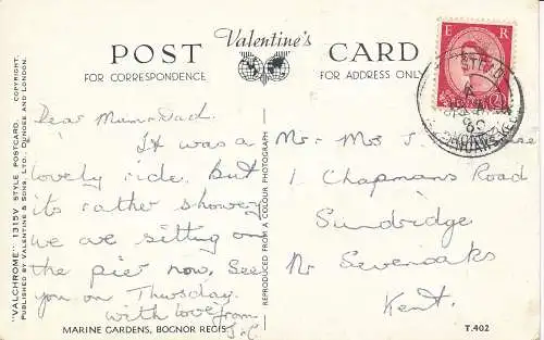 PC68617 Marine Gardens. Bognor Regis. Valentinstag. Valchrom. RP. 1960