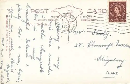 PC73993 Sandown Bay vom See. I.W. Dean. Die Bucht. RP. 1954