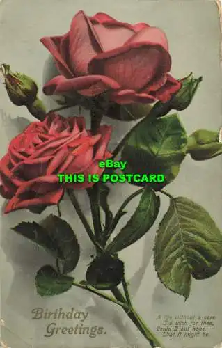 R604460 Geburtstagsgrüße. Rote Rosen. Postkarte. 1912