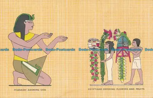 R0348852 Pharao, der Gott anbetet. Ägypter bieten Blumen und Früchte an. Lehnert und