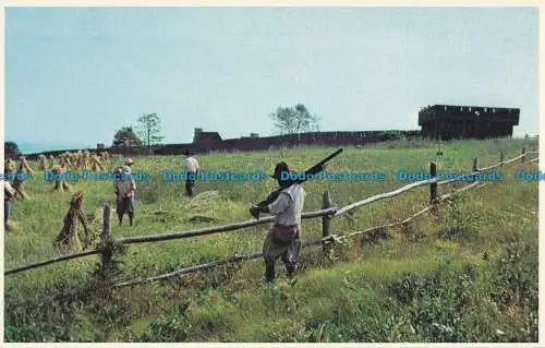 R035471 Außerhalb des Forts und der Defensive Palisade ernten Dorfbewohner Getreide bei Plimo