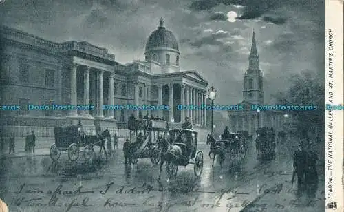 R001647 London. Die Nationalgalerie und die St. Martin-Kirche. Von Moonlight. Tuck.