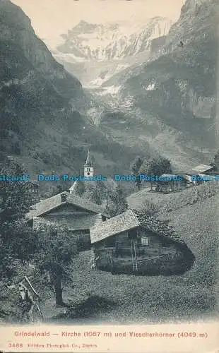 R012729 Grindelwald. Kirche und Viescherhorner. Photoglob. Nr. 3468