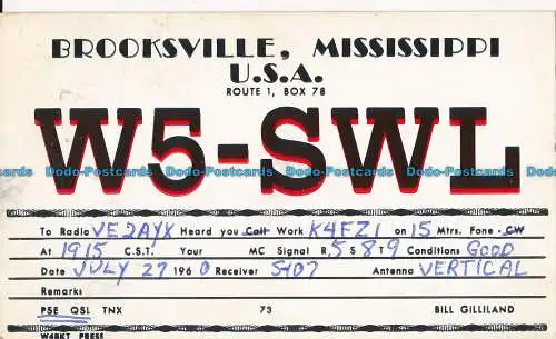 R012774 Brooksville. Mississippi. U.S.A. W5 SWL. 1960