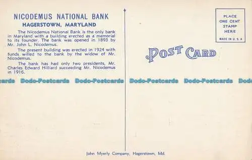 R013321 Nicodemus Nationalbank. Hagerstown. Maryland. John Myerly