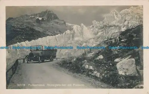 R013594 Furkastrasse. Rhonegletscher mit Postauto. Kilchberg. 1925. B. Hopkins