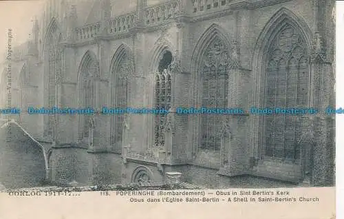 R036905 Oorlog. Poperinghe. Bombardierung. Granate in Sint Bertins Kerk. E. Le Deley