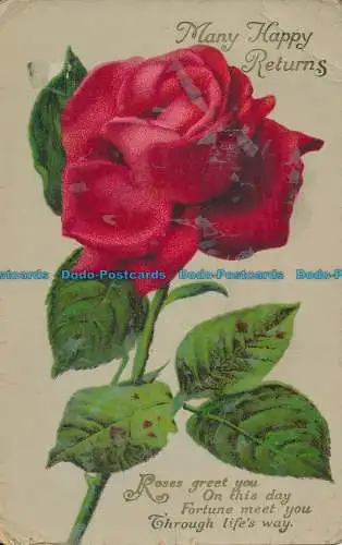 R048839 Grüße. Viele glückliche Rücksendungen. Rote Rose. 1926