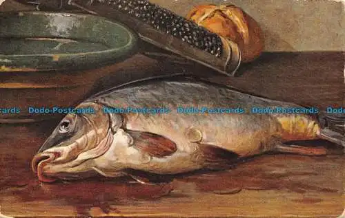 R061379 Alte Postkarte. Fisch auf dem Tisch. Schraubenschlüssel