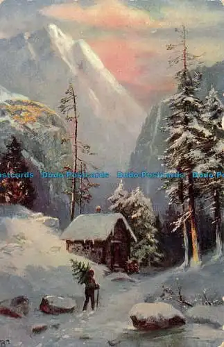 R061091 Alte Postkarte. Winterszene. Schnee über den Bergen. 1909