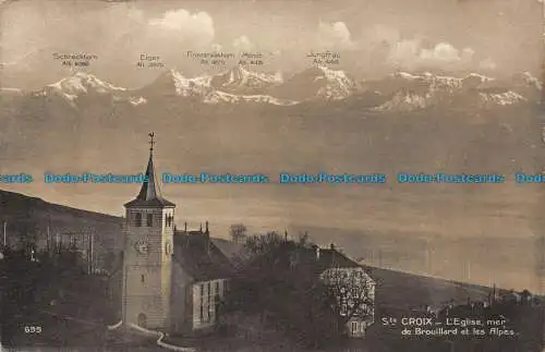 R084389 St. Kreuz. Die Kirche Nebelmeer und Alpen. 1916