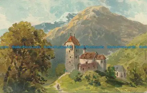 R037901 Alte Postkarte. Kirche und Berge. B. Hopkins