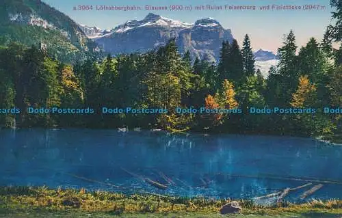 R038892 Lotschbergbahn. Blausee mit Ruine Felsenburg und Fisistocke. Photoglob