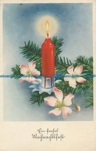 R086562 alte Postkarte. Kerze und Weihnachtsbaum. 1949