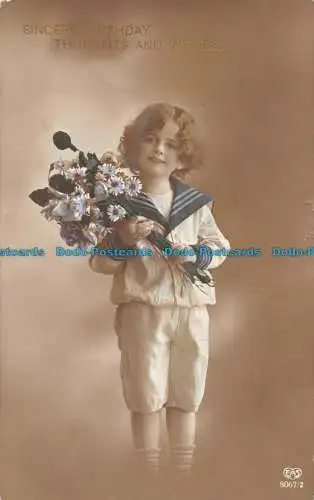 R108286 Grüße. Aufrichtige Geburtstagsgedanken und -wünsche. Kind mit Blumen. Sch