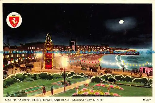 R108977 Marine Gardens. Uhrturm und Strand. Margate bei Nacht. Elgate. 1978