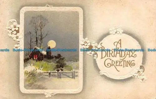R120476 Ein Geburtstagsgruß. Haus im Schnee von Moonlight. B. B. London. 1910