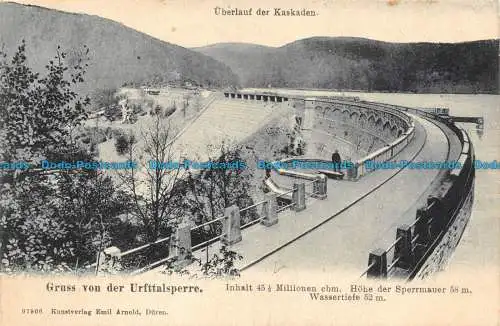 R128922 Uberlauf der Kaskaden. Gruss von der Urfttalsperre. Emil Arnold. 1910