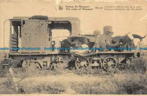 R132140 Die Ruinen von Nieuport. Zerstörte Lokomotive in der Nähe des Bahnhofs. Ern. Thill