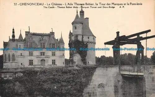 R135616 Chenonceau. Das Schloss. Thomas Bohier Aisle. Marques Turm und Zugbrücke