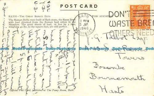 R140166 Bad. Das große römische Bad. Offizielle Postkarte. Der Pumpenraum. 1946