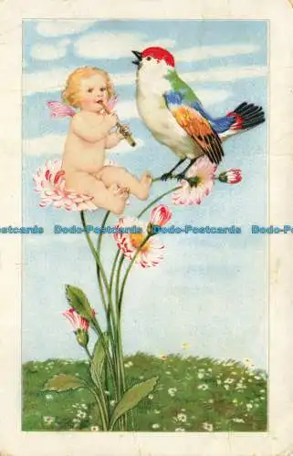 R642329 Amor und Vogel sitzen auf einer Blume. M.M. 1926