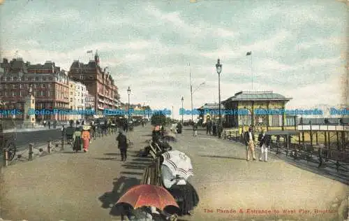 R644716 Brighton. Die Parade und der Eingang zum West Pier. Stafford Der Basar. 190