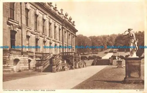 R144349 Chatsworth. Die Südfront und der Wasserfall. Photochrom. Nr. V.2073