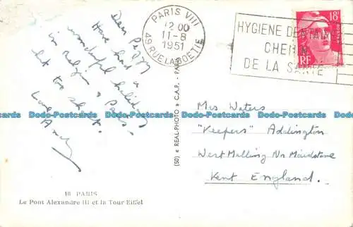 R155564 Paris. Die Alexander-III-Brücke und der Eiffelturm. C.A.P. RP. 1951