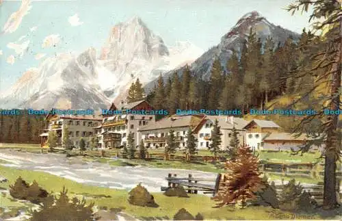 R160473 Alte Postkarte. Häuser in der Nähe der Berge. 1905