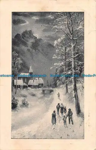 R161357 Alte Postkarte. Winterszene bei Nacht