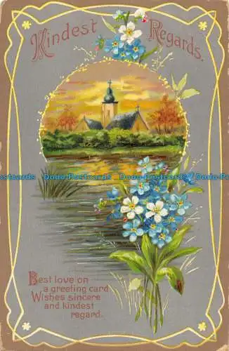 R162233 Grüße. Mit freundlichen Grüßen. Kirche in der Nähe des Flusses. Farbiges Enamelett.