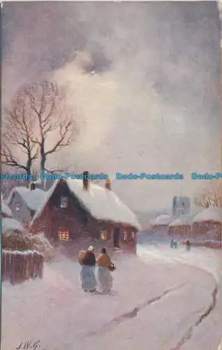 R649502 Dorf im Winter. C.W. Faulkner. Panel Grußkarte