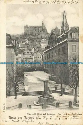 R650508 Gruss aus Marburg a.L. Plan mit Blick auf Schloss. J.Sch. 1901