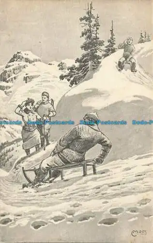 R655714 Winter. Berge. Menschen mit Schlitten. Postkarte