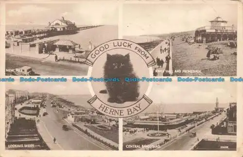 R668575 Viel Glück aus Herne Bay. Blick nach Westen. Zentraler Bandständer. Neuer Pier. A.