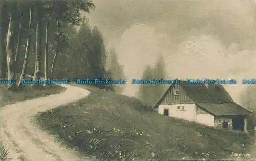 R030100 Alte Postkarte. Haus und Weg in den Wald