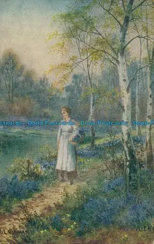 R029742 Alte Postkarte. Frau im Wald. Alphalsa