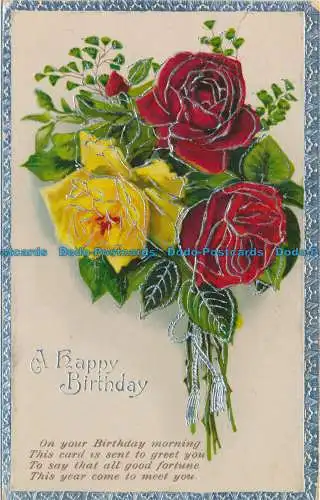 R640525 A Happy Birthday. Gelbe und rote Rosen. Postkarte. 1925