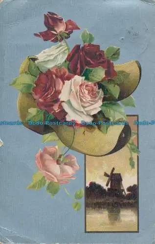 R157876 Alte Postkarte. Windmühlen in der Nähe des Flusses. Rosen. B. B. London. 1908