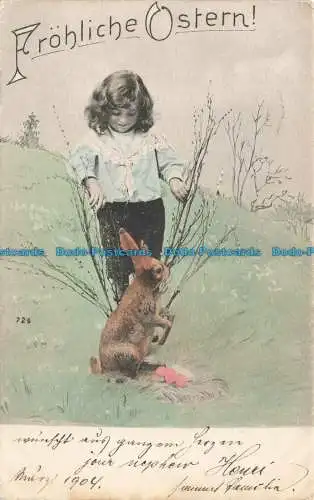 R669896 Frohliche Ostern. Mädchen und Hase. Postkarte. 1904