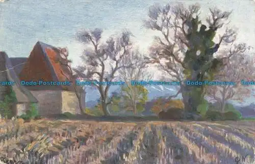 R677642 Lackierung. Altes Haus und Feld