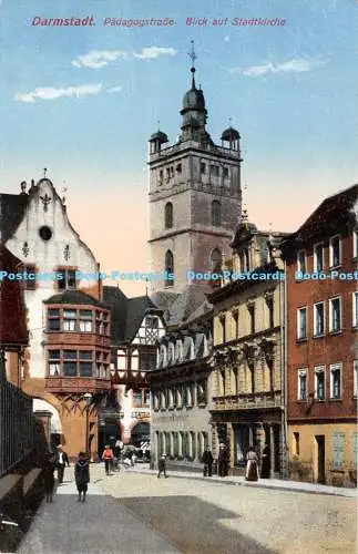 R168535 Darmstadt. Padagogstrase. Blick auf Stadtkirche. Heliocolorkarte von Ott