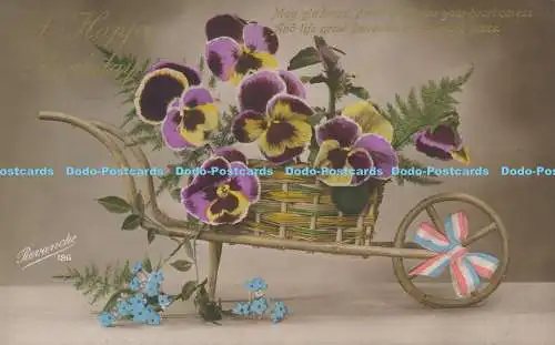 R169289 Grußkarte. A Happy Birthday. Blumen im Wagenkorb. 1915