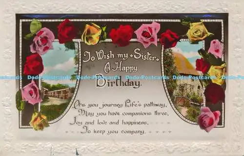 R170786 Grußkarte. Um meiner Schwester alles Gute zum Geburtstag zu wünschen. Haus und Brücke.